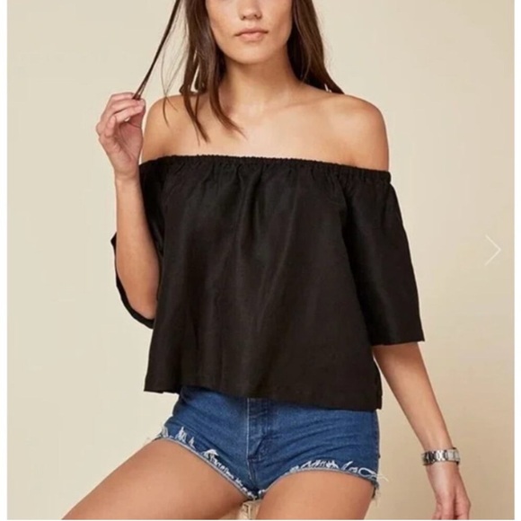 Reformation Linen Crop Top Blouse Off Shoulder Relaxed Fit Black Womens XS - Picture 1 of 12